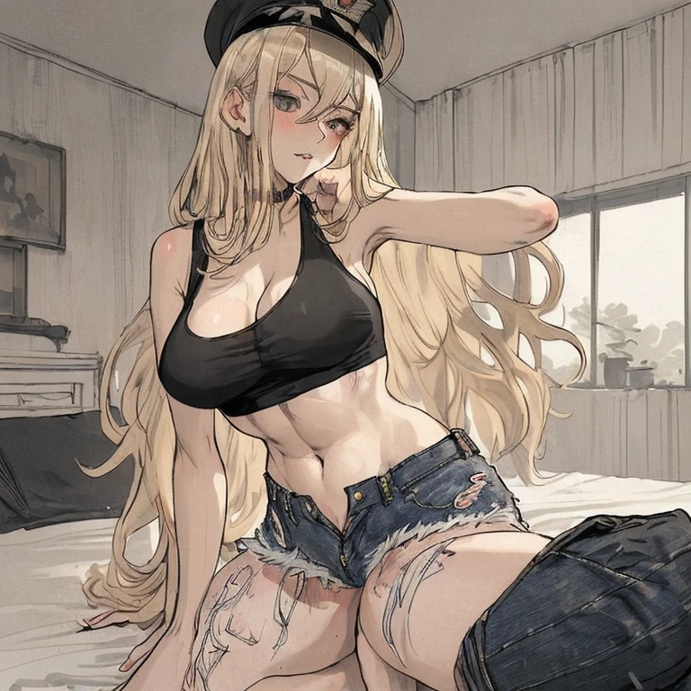 One blonde beauty, ultra high quality, adorable face, tall, long hair, black police hat, white tank top, see-through breasts, belly button exposed, sexy pose, sexy body, ripped denim shorts, crotch emphasis, legs spread, masterpiece, bedroom, alone in the room, erotic costume