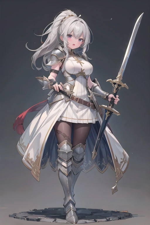 1girl, armor, weapon, sword, holding, solo, breastplate, holding-weapon, long-hair, ponytail, grey-hair, holding-sword, open-mouth, fingerless-gloves, shoulder-armor, full-body, gloves, dress, boots, standing, helmet, armored-boots, white-dress, ((big breasts) 1:1)