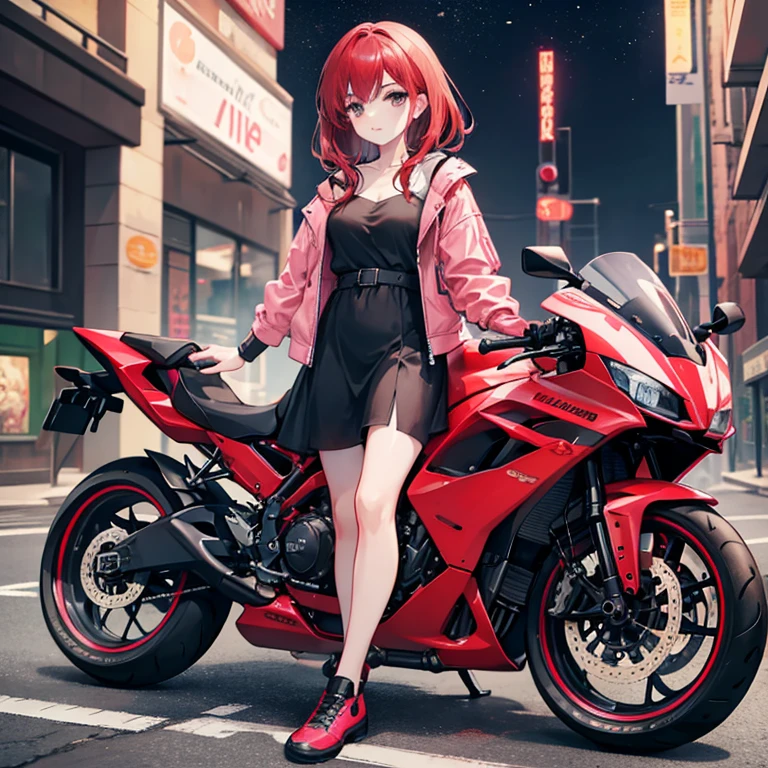 hay una mujer en una moto rojo, with medium red hair dark brown eyes, He is on a road at night he has a pink jacket, un vestido zapatillas blancas