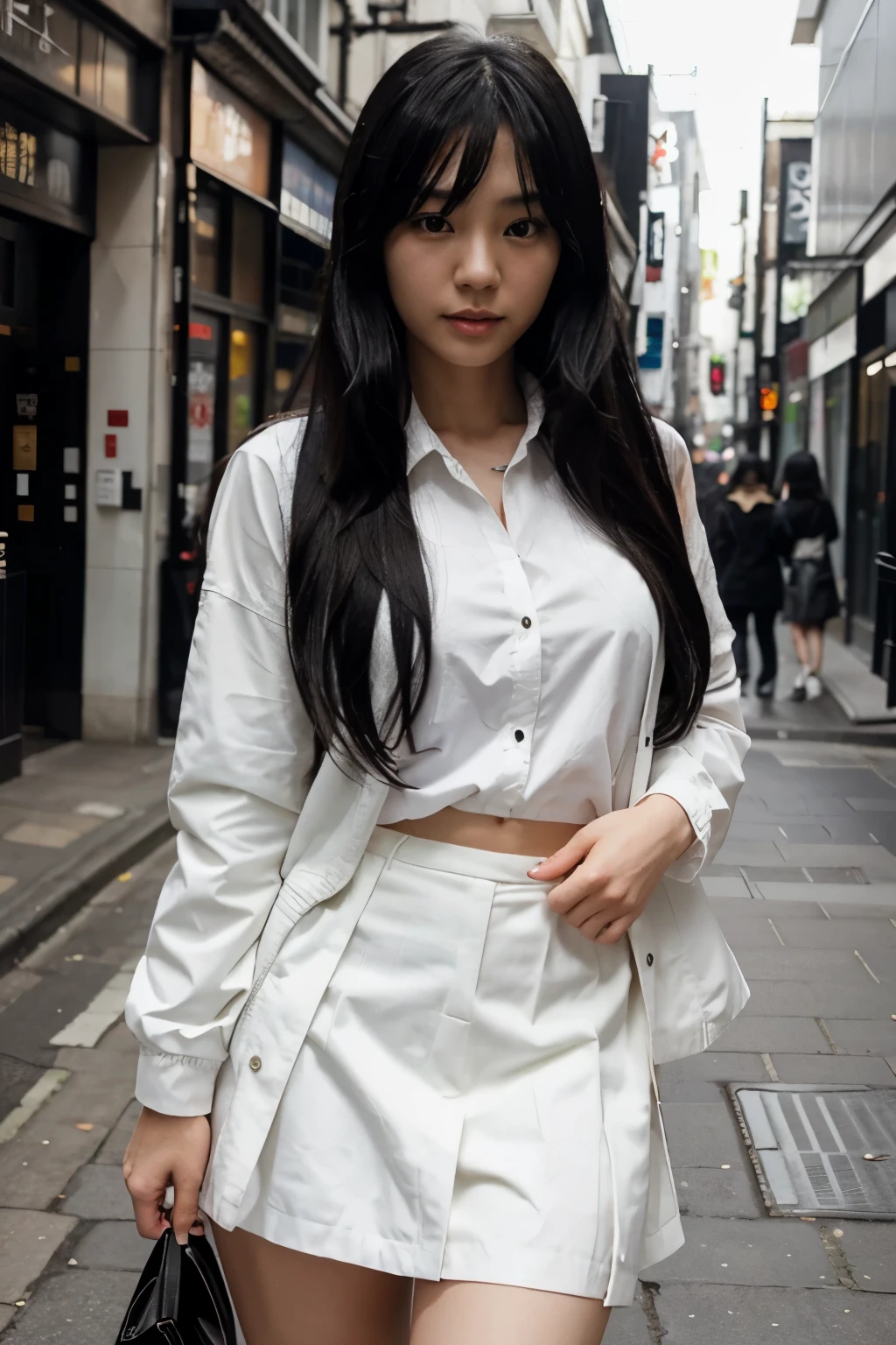 Japanese Girl, sexy, long black hair, fringe, "White skirt", "black shirt", "white jacket" , London