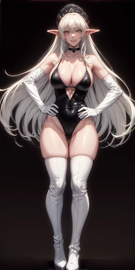 ((BLACK BACKGROUND1:2)) masterpiece, best quality, high quality, 1solo white SKIN elf, long hair, white hair, white eyes, full body, black bikini, looking at viewer, shiny, black thighhighs, high boots,shoulder armor, faulds, poleyn, gloves, gauntlets, FEET TOGETHER STANDING SYMMETRICAL, female elf big knockers cleavage bikini, black headwear, black choker collar, lustful smirking smile face red blushed red cheeks, smile, hands on hips