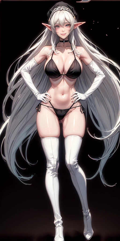 ((BLACK BACKGROUND1:2)) masterpiece, best quality, high quality, 1solo white SKIN elf, long hair, white hair, white eyes, full body, black bikini, looking at viewer, shiny, black thighhighs, high boots,shoulder armor, faulds, poleyn, gloves, gauntlets, FEET TOGETHER STANDING SYMMETRICAL, female elf big knockers cleavage bikini, black headwear, black choker collar, lustful smirking smile face red blushed red cheeks, smile, hands on hips