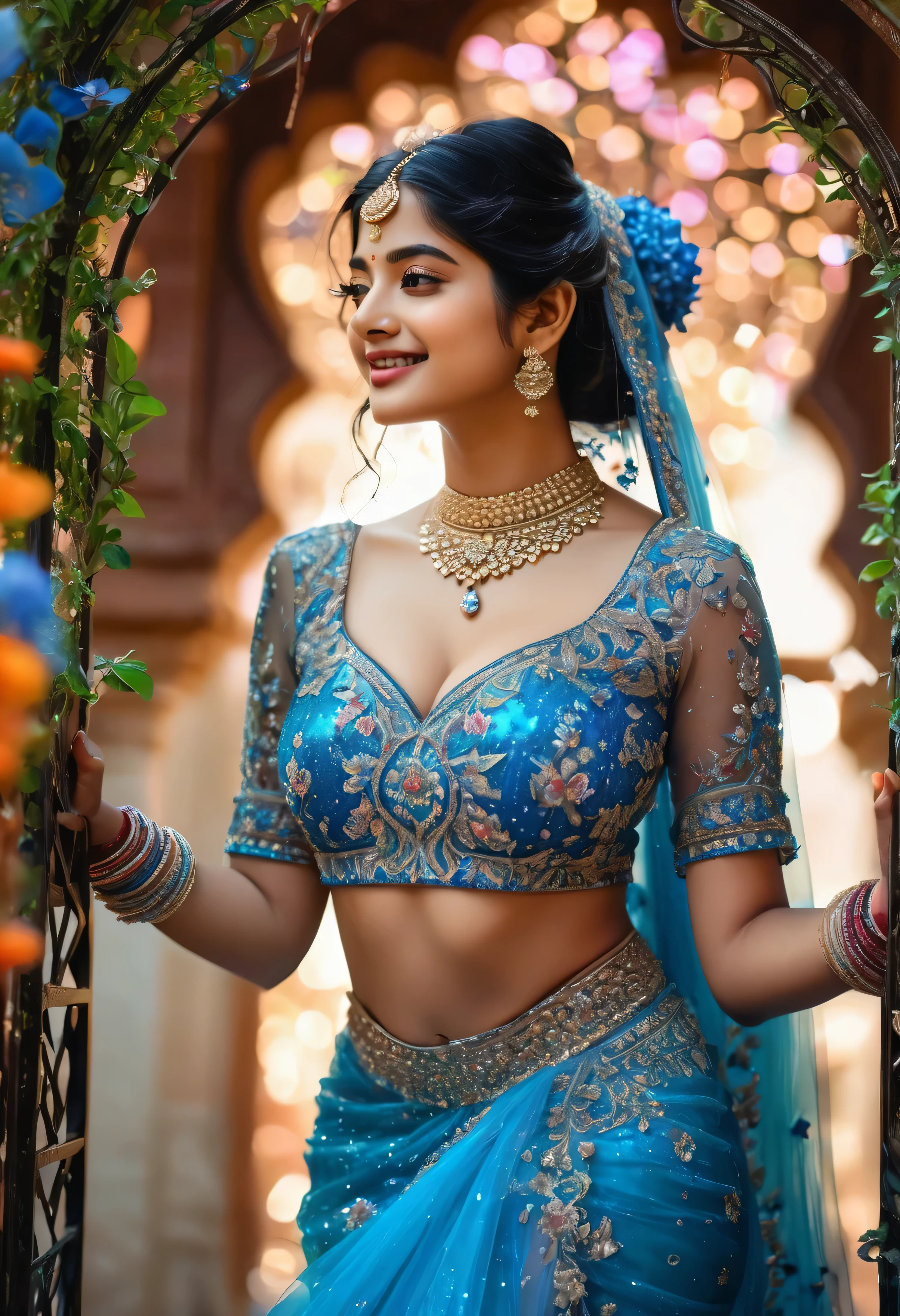 (((Stunningly Beautiful persian Princesss ))), elegant blue black updo hair, Janhvi Kapoor, Laetitia Casta, sweet smile, Beautiful bride posing under a fairy tale arch of exotic magical flowers, looking back,elaborate scene style, crystal glass lattice, glitter, transparent embroidered lace, realistic style, 8k,exposure blend, medium shot, bokeh, (cinematic), (hyperdetailed:1.2),Realism,1 girl,girl wearing indian saree(dressed in transparent saree)(wearing glitter graphics jewelry)big ,Sexy Big Breast,nipple,bright light ,long_hair, Bokeh ,nsfw , indian ,tree branch, colourfull ,undersized bra,princess dress,lehenga choli
