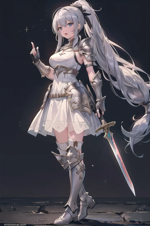1girl, armor, weapon, sword, holding, solo, breastplate, holding-weapon, ((long-hair) 1:2), ponytail, grey-hair, holding-sword, open-mouth, fingerless-gloves, shoulder-armor, gloves, dress, boots, standing, helmet, armored-boots, white-dress, ((big breasts) 1:1)