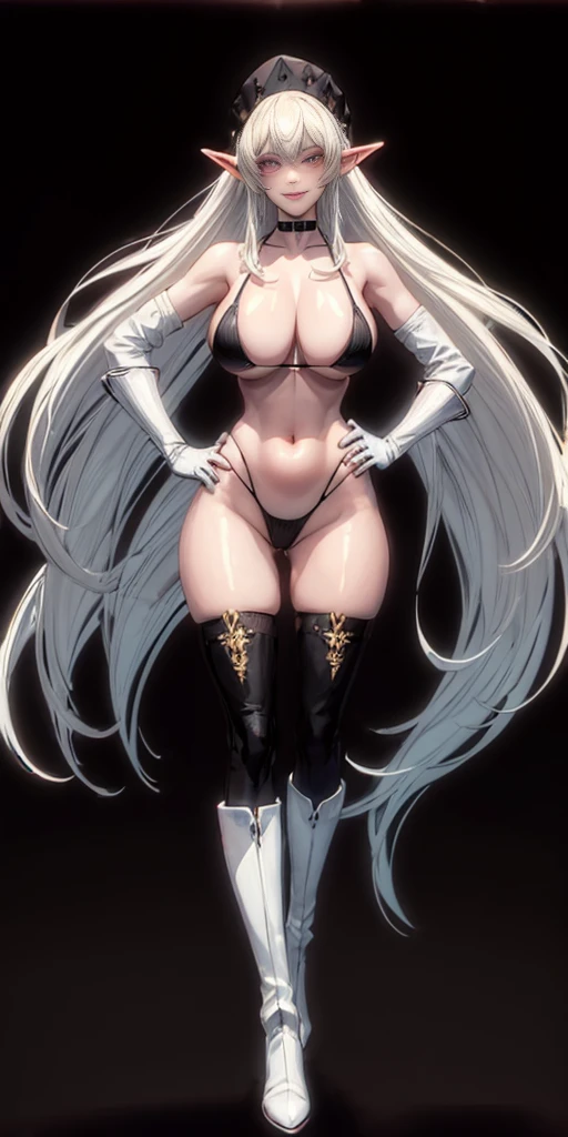 ((BLACK BACKGROUND1:2)) masterpiece, best quality, high quality, 1solo white SKIN elf, long hair, white hair, white eyes, full body, black bikini, looking at viewer, shiny, black thighhighs, high boots,shoulder armor, faulds, poleyn, gloves, gauntlets, FEET TOGETHER STANDING SYMMETRICAL, female elf big knockers cleavage bikini, black headwear, black choker collar, lustful smirking smile face red blushed red cheeks, smile, hands on hips
