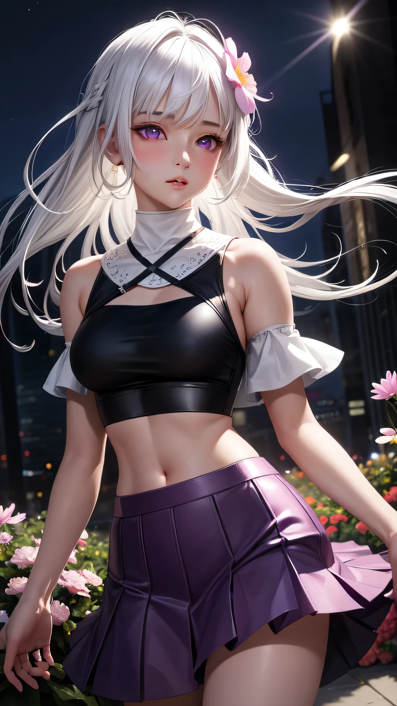 realistic, 1girl, white hair, purple eyes, glowing eyes, crop top, skirt, parted lips, blush, night, flowers, sun, sunlight,
