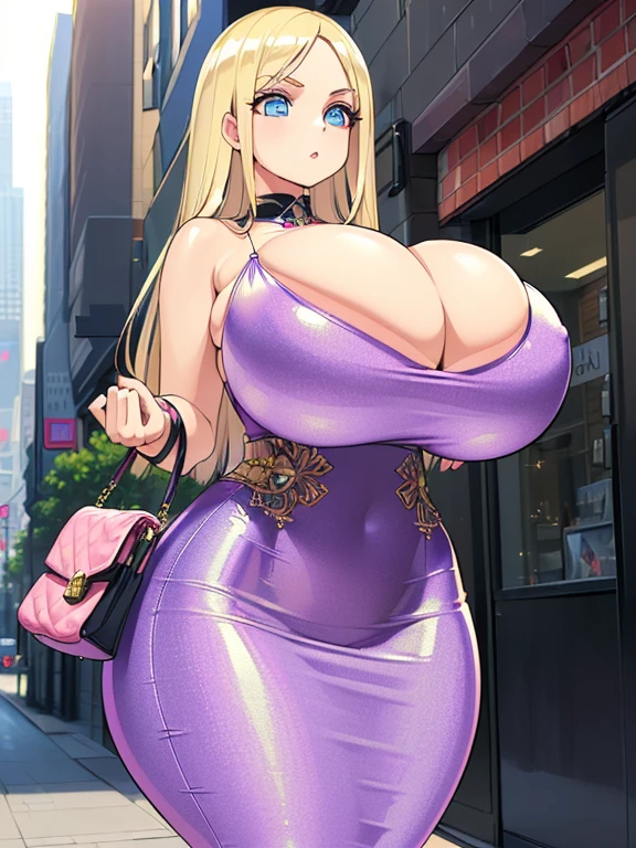 Shuz, (1woman, solo:1), (masterpiece, best quality, ultra-detailed:1.8), wide hips, huge thighs, (thin waist:1.4), (huge breasts:1.6), huge nipple bulging in clothes, blonde hair, pencil dress, jewelry, dynamic lighting, seductive and alluring aura, walking glamorously in the city, purse, flowing hair, detailed dress, detailed background, detailed face