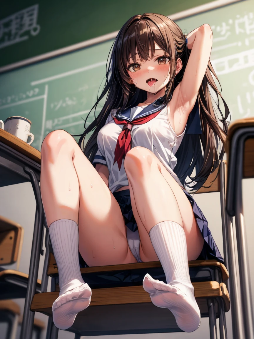 ((masterpiece)), ((highest quality)), (Super detailed), ((very detailed)), 4k, (8K), highest quality, (beautiful), super detailed illustrations, realistic,girl、by 2 person, an extremely cute and beautiful young girl,Skirt too short showing private parts、服を着ていないbig breasts,school summer uniform、Armpit hair is growing、from below,spread your legs,Medium straight,brown hair,brown eyes,classroom、white socks、Point your feet toward the photographer、The soles of the feet are stuffy、hands clasped behind the head、I can see the side、sweaty、My armpits are steamy、Turning away from the photographer、日本人middle School girls、mouth open、sticking out tongue、saliva、big breasts、Armpit hair is growing、Stuffy pubic area、No pantieiddle School girls