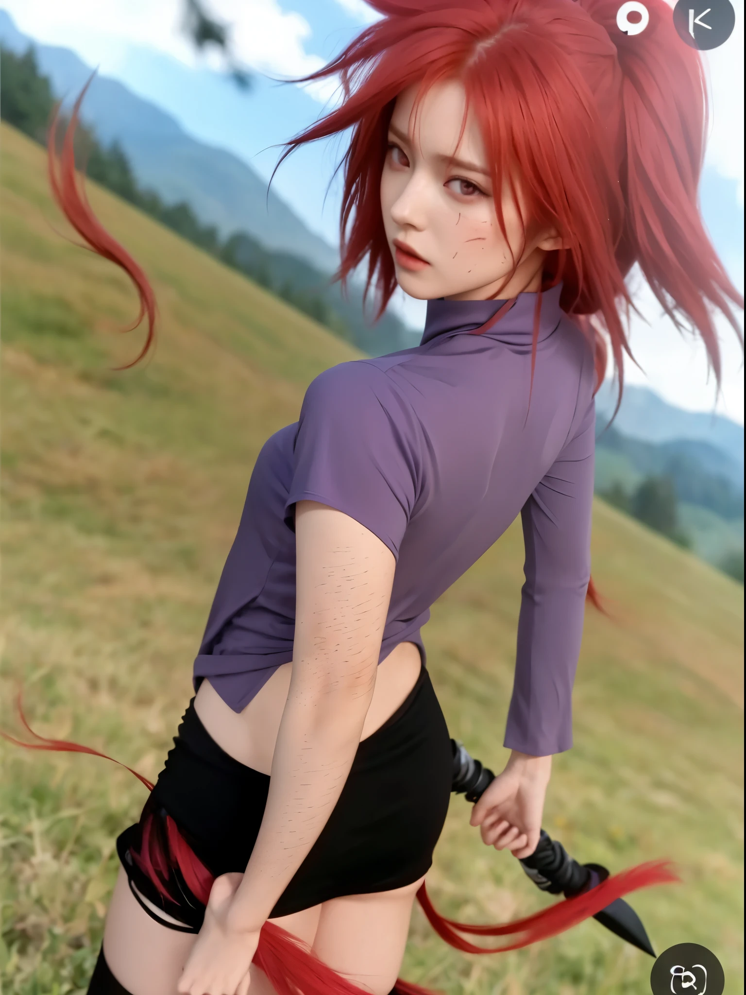 1 girl, karin uzumaki from anime naruto,  anime character with striking red hair and eyes,with many scratches on hand and face, wearing a purple dress with a high collar,hair covers forehead, She stands and ready to battle, bring kunai on right hand, exuding a sense of intelligence and resolve. Her glasses add to her sharp look, and her long hair flows dramatically to one side. The character embodies a unique blend of healing powers, acute tracking abilities, and a deep connection to a storied clan, making her an intriguing and multifaceted figure within her world.",breasts, cosplay, real person, real life,, (ultra detailed), (8k, intricate), (85mm), light particles, lighting, full body, (highly detailed:1.2), breast focus, (gradients), sfw, colorful, (detailed background), (rule of third_composition:1.3), (Line of action:1.2), daylight, solo