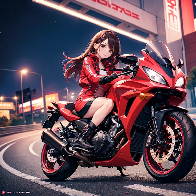 Red hair little young girl with big eyes in latex nipples visible stands on top of building sits on motorcycle and kneads tits with hands 
