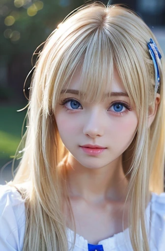 Shiny and beautiful fair skin、Blonde hair changes color when exposed to light、Long bangs block sight、Highlight cheek glow、y and very pretty pretty cute gorgeous face、The most beautiful face in the world、The most beautiful super long gorgeous blonde hair in the world、smooth straight hair、big deal, Bright light blue eyes sparkling、beautiful bangs、13 autiful Swedish cute girl