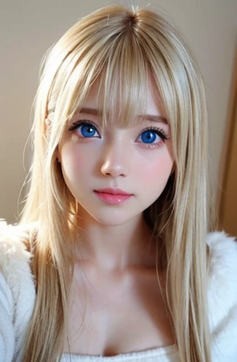 Shiny and beautiful fair skin、Blonde hair changes color when exposed to light、Long bangs block sight、Highlight cheek glow、Sexy and very pretty pretty cute gorgeous face、The most beautiful face in the world、The most beautiful super long gorgeous blonde hair in the world、smooth straight hair、big deal, Bright light blue eyes sparkling、beautiful bangs、13 year old beautiful Swedish cute girl