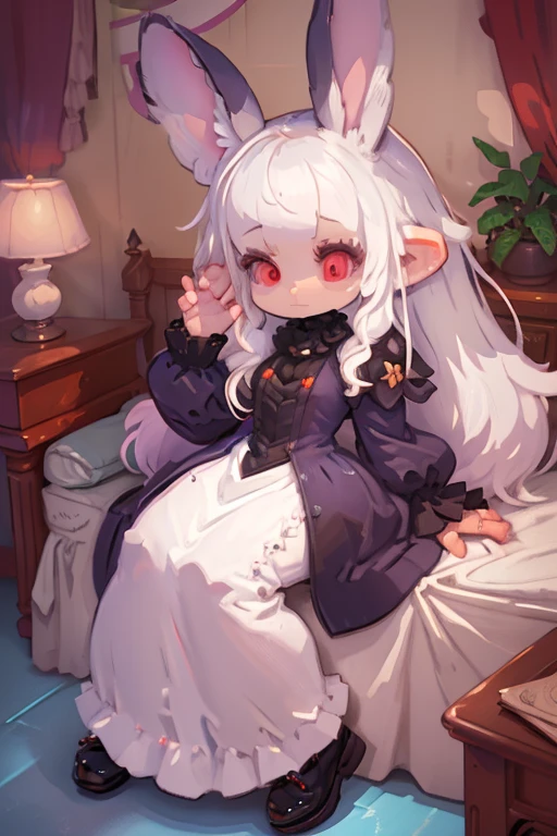 voxel,(3D Big Pixel Art,3D Pixel Art),White background,Large pixels,#1 girl(3D Pixel Art:2.0,Chibi,Cute,Kawaii,Small ,White hair:1.8,long hair,Bunny ears,white dress,red eyes,Big eyes,white skin,black hair bow,She is lying on the bed,very sleepy),#background(In the bed room,Gothic room,cute),(3D Pixel Art),From above,(White hair:1.8)