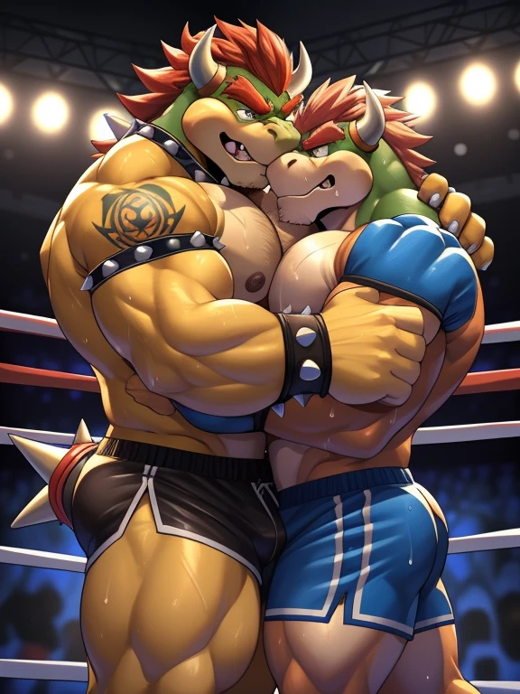 Duo male fighters(Bowser vs Bowser, handsomes, Thick eyebrows), beso gay((Cuddling embraced in a boxing match)(cuddling body frottage)), hot(Full body, shirtless), handsomes(They are handsomes, correct anatomy), musculosos(Big muscle bodies, Six packs, muscle abs, big pecs), sweaty(very sweaty wet bodies), tatuajes(they have tattoos), Angry(They have an angry expression), Boxing gloves(They both are wearing boxing gloves), boxers(They are wearing shorts boxers), Hight resolution