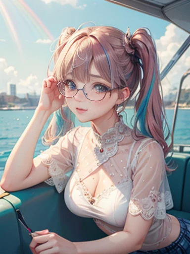 (masterpiece:1.2),In underwear、big butt、big breasts、 (highest quality:1.2),, Curvy but slender body, perfect eyes, perfect face, perfect lighting, 1 girl,(rainbow colored hair, colorful hair, Half blue、half pink hair: 1.2), cherry blossoms、 Glasses、(Cute floral shirt),(whole bodyが見える),spring、(painted on steel、Transparent sexy clothes、polka dots、lace skirt),curly hair, Clothes with short sleeves, 、In the sea、on the boat、, compensate, eye shadow, small breasts、thick eyelashes, fantasy, looking at the viewer, whole body,alice in wonderland、blue sky、Bright and beautiful face、young shiny glossy white shiny skin、the best beauty、the most beautiful in the world、thin hair、long hair、Shining beautiful bangs、big shining blue eyes、very beautiful and lovely 8 year old, the most beautiful girl in the world、twin tails、Glasses、a disappointed face、Waiting for a kiss、smile.Fashionable underwear