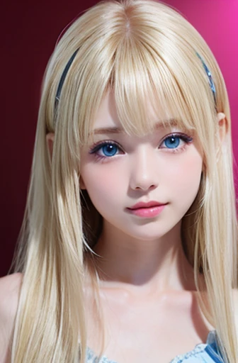 Shiny and beautiful fair skin、Blonde hair changes color when exposed to light、Long bangs block sight、Highlight cheek glow、Sexy and very pretty pretty cute gorgeous face、The most beautiful face in the world、The most beautiful super long gorgeous blonde hair in the world、smooth straight hair、big deal, Bright light blue eyes sparkling、beautiful bangs、Upper body photo、13 year old beautiful Swedish cute girl