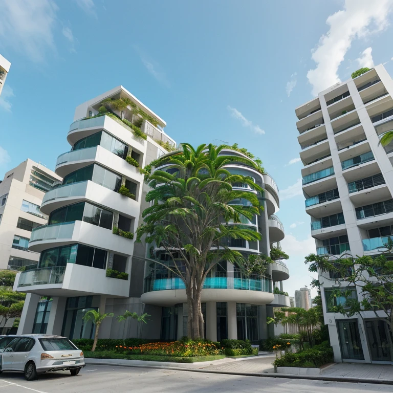 urban commercial building with contemporary architecture with 40 floors in a rounded shape with a tropical garden in front and located on a street with trees of colorful flowers