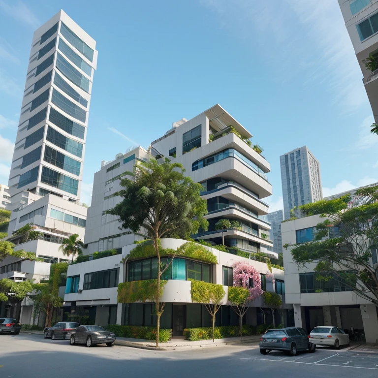 urban commercial building with contemporary architecture with 40 floors in a rounded shape with a tropical garden in front and located on a street with trees of colorful flowers