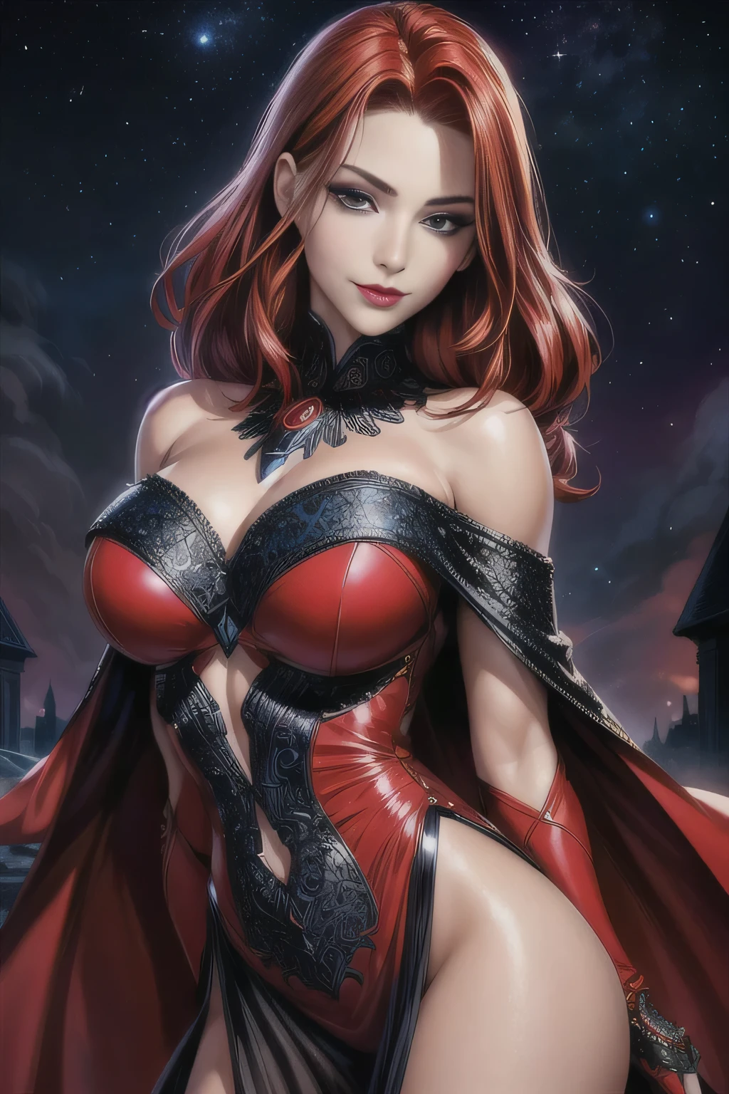 (portrait shot, ((vivid red hair)), european face, sexy, mature woman, 30 years old, diamond face, moonlight, red starry sky background, depth of field, magic, big red lips, ((dark black eyes)) black and red long and full dress, covered chest, mystical atmosphere, ominous shadows, Intense blue aura, Intense red aura (best quality:1.2), absurdres, intricate details, (highly detailed skin:1.2), smile expression, posing, taut and well defined body, attractive. Highly realistic, pale skin, beautiful, hyperrealism, skin very elaborated, direct gaze