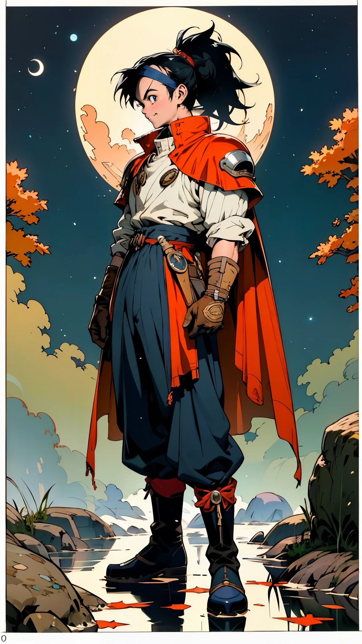 ((A girl with long indigo hair, a high ponytail, a headband adorned with crescent moon decorations, bright round eyes, a cheerful smile, a curious expression, a fantasy-style adventurer's coat with a short hem, houlder extensions forming a cape cloak, fabric gloves, a multifunctional belt, coarse cloth trousers, knee-high leather boots, a wilderness backdrop of Akira Toriyama's style)), this character embodies a finely crafted fantasy-style adventurer in anime style, exquisite and mature manga art style, high definition, best quality, highres, ultra-detailed, ultra-fine painting, extremely delicate, professional, perfect body proportions, golden ratio, anatomically correct, symmetrical face, extremely detailed eyes and face, high quality eyes, creativity, RAW photo, UHD, 32k, Natural light, cinematic lighting, masterpiece-anatomy-perfect, masterpiece:1.5
