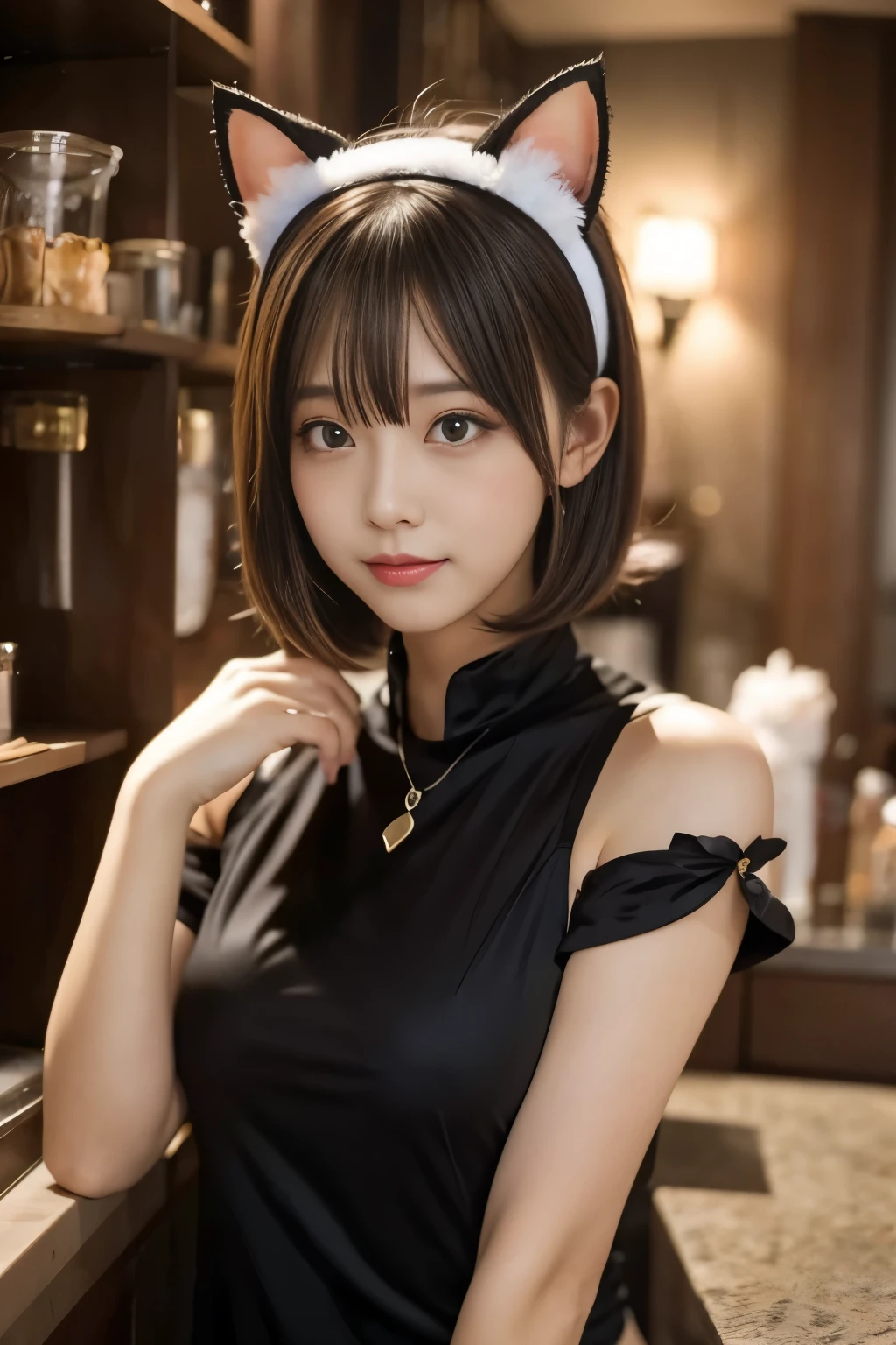 cat ear headband:1.3, cat cosplay:1.2, medium bob