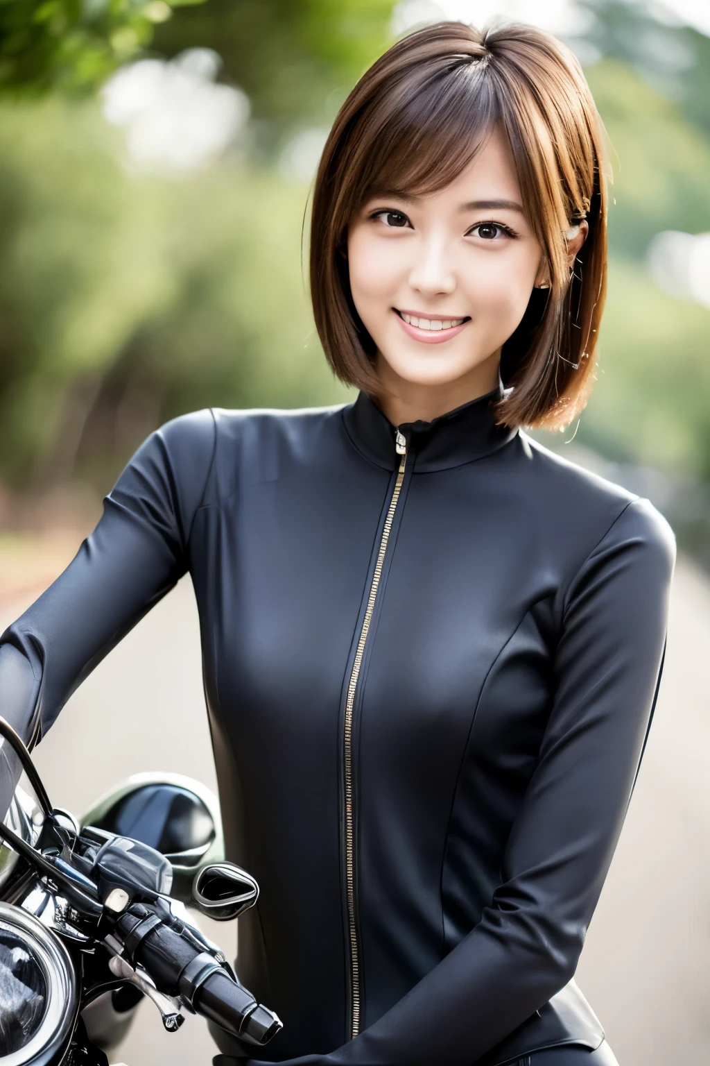 ((highest quality, 8K, masterpiece: 1.3)), sharp: 1.2, Skinny Japanese woman, 30 years old, perfect body beauty: 1.4, (very thin waist: 1.5), Cute face, Light brown shorthair, (((woman riding a motorcycle))), slender body, ((Riding Suit)), Highly detailed face and skin texture, fine eyes, double eyelid, ((full body shot)), Natural light, smile, Detailed Motorcycle