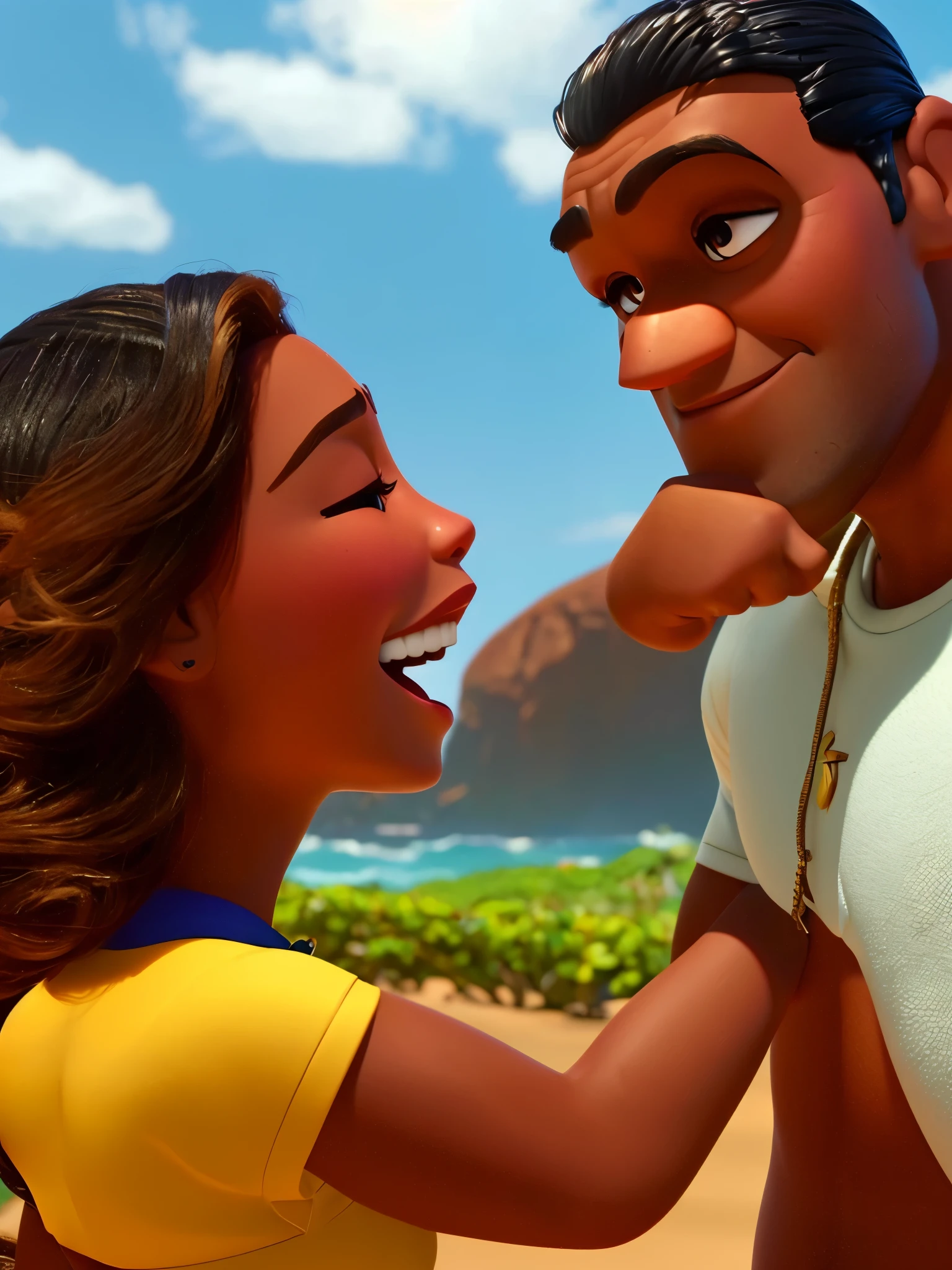 Homem com a pele morena de sol, mulher branca, disney pixar hd