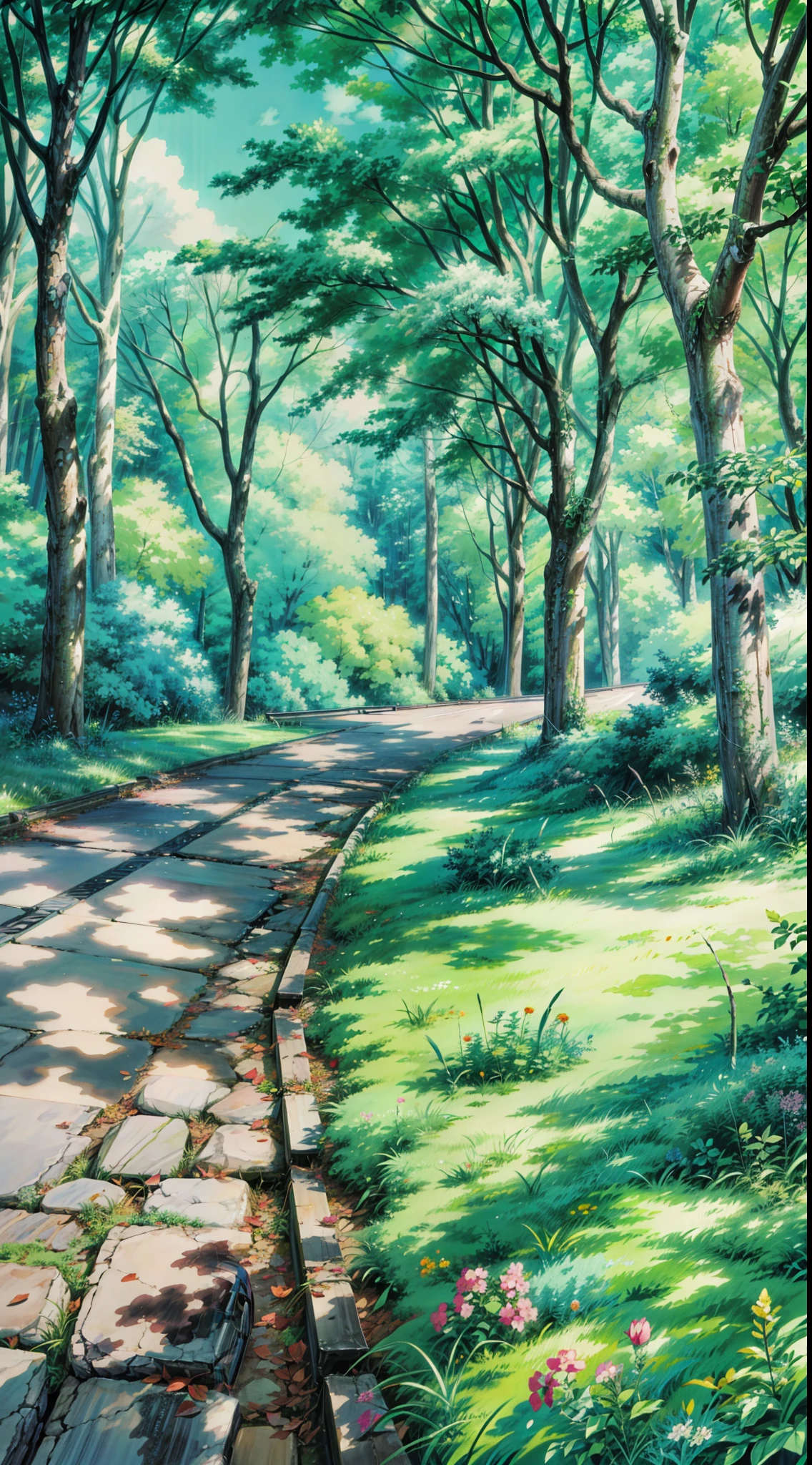 a painting of a road surrounded by trees, by makoto shinkai, by Makoto Shinkai, anime. by makoto shinkai, by Kaii Higashiyama, by Shin Yun-bok, anime scenery concept art, overgrowth. by makoto shinkai, studio ghibli smooth concept art, anime scenery, anime nature, 4k hd,, beautiful art uhd 4 k, a beautiful artwork illustration, beautiful digital painting, highly detailed digital painting, beautiful digital artwork, detailed painting 4 k, very detailed digital painting, rich picturesque colors, gorgeous digital painting, no human