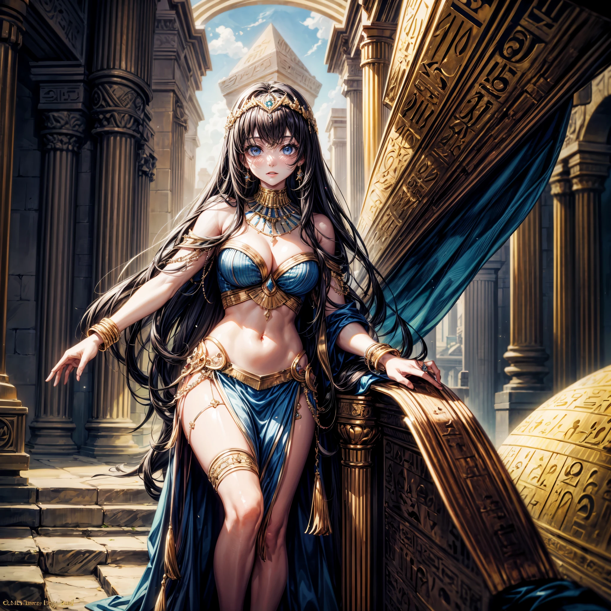 masterpiece,highest quality,Ultra high definition, Cleopatra, Egypt, queen, Ptolemaic, ancient, beauty, luxury, crown, necklace, gold, jewelry, Nile River, pyramid, desert, myth, gods, hieroglyphics