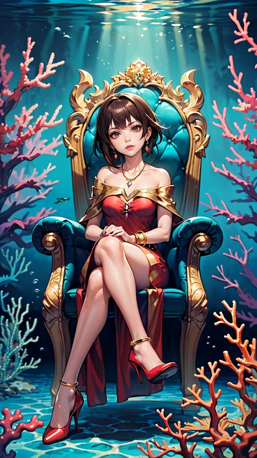 ((1girl, solo ,alone, megumin, short hair, red eyes, brown hair, ((short woman, small breasts)), painted nails, gold bracelets, ruby earrings)), ((solo, 1woman, pink lipstick, Extremely detailed, ambient soft lighting, 4k, perfect eyes, a perfect face, perfect lighting, a 1girl)), austere, ((sitting on a throne, ((legs crossed, high heels, underwater, submerged in the ocean, deep sea, sea creatures, aqua)), sitting on her throne under; water, sea queen, mu yanling, Krenz Cushart and Artgerm, ((fish, coral)), shark, turtle, algae)), ((long dress, elegant violet dress , formal dress, violet dress, bracelets, ruby earrings, gold necklace, diamond, sovereign))