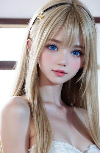 Slender figure、Shiny and beautiful fair skin、Blonde hair changes color when exposed to light、Long bangs block sight、Highlight cheek glow、Sexy and very pretty pretty cute gorgeous face、The most beautiful face in the world、The most beautiful super long gorgeous blonde hair in the world、smooth straight hair、big deal, Bright light blue eyes sparkling、beautiful bangs、 old beautiful Swedish cute girl