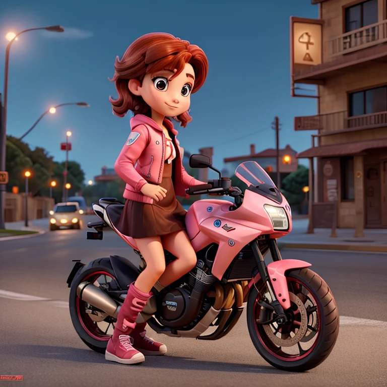 hay una mujer en una moto rojo, with medium red hair dark brown eyes, He is on a road at night he has a pink jacket, un vestido zapatillas blancas