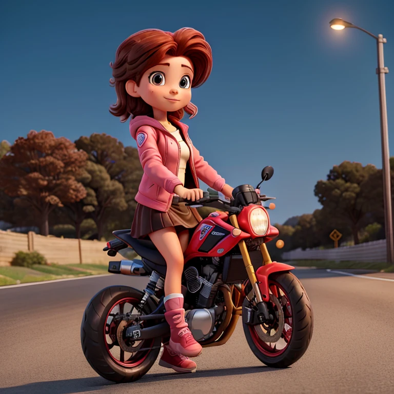 hay una mujer en una moto rojo, with medium red hair dark brown eyes, He is on a road at night he has a pink jacket, un vestido zapatillas blancas