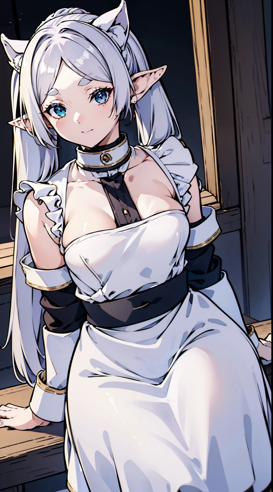 (Best quality, On a table),Sexy maid， teen girl，NSFW, 1 girl in, Green-eyed , ssmile, Hourglass figure, grey long hair，the maid outfit，dual horsetail, elvish ears、inside a room、small tit、Black background has the best quality, tmasterpiece, 1 slim girl, (Alone:1.1), ray traycing, ultra - detailed,Detailed faces, 8k wallpaper, Wide hips, Takashi Furi NDV, 1 slim girl, White hair, dual horsetail, eBlue eyes, mediuml breasts, Long gray hair, pointy ears, maids, Parted bangs, White shawl, White dress, obi strip, longer sleeves,  External, sitted, hooded, scarf, Yuki, Winters，Solemn maid outfit，lie，sitting down，A throne