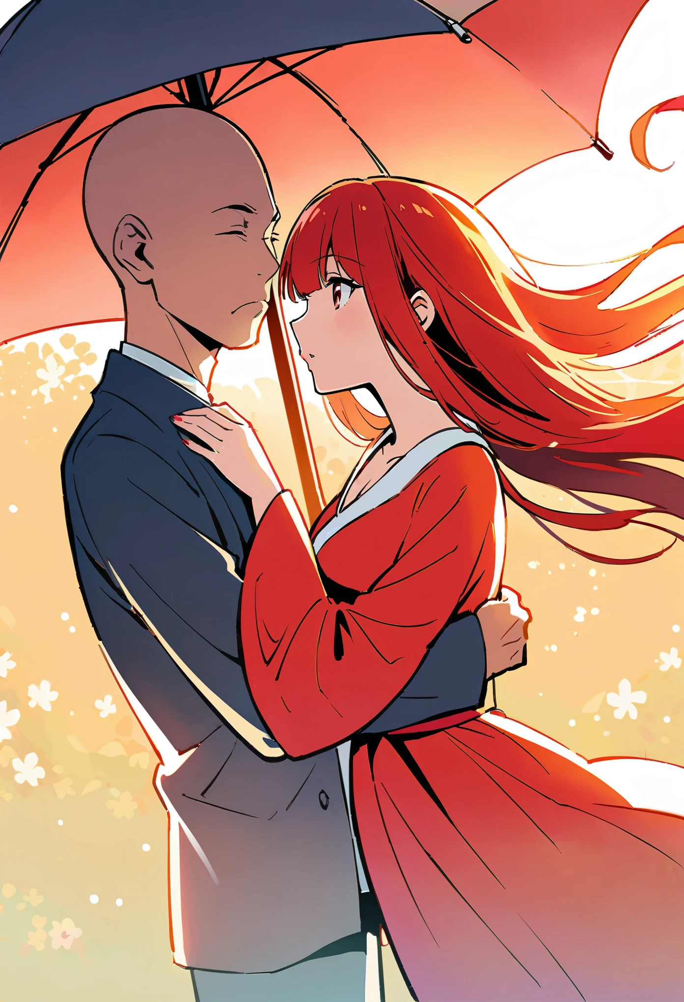 Chinese anime, a bald man and an elegant woman in red dress standing under the umbrella together, white background, in the style of Japanese comics.anime shounen illustration in the style of , an ancient bald man and beautiful woman in red dress stand under the umbrella together, he gently holds her head to his for a kiss, she wears very long hair in buns with bangs covering half of her face, wearing traditional , dreamy romantic atmosphere in full color