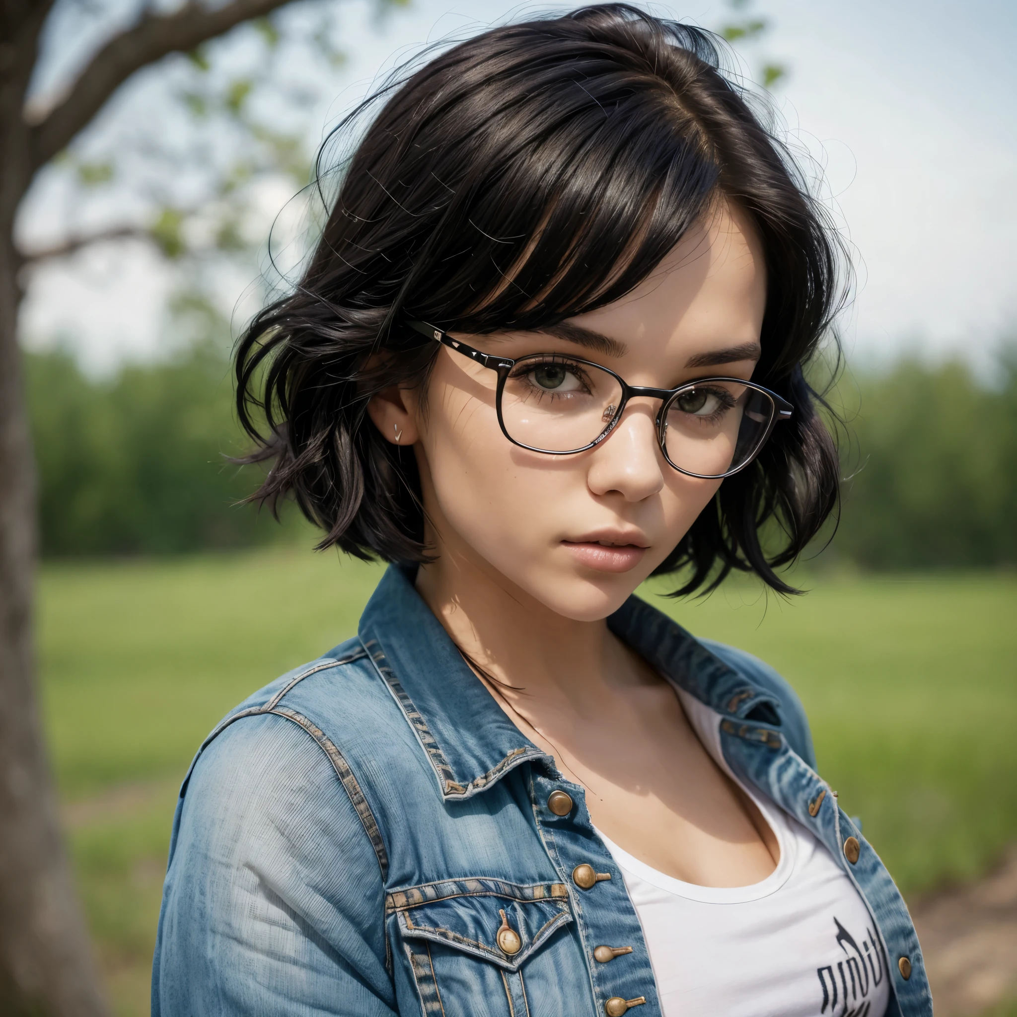 punk girl wearing glasses and a dark shirt, blurred green grass and trees in the background, short brown hair, detailed face, high quality, high resolution