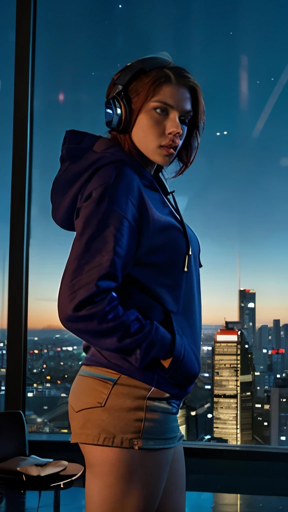 Beautiful Scarlett Johansson standing at the edge of a skyscraper looking out to the city, red hair, blue eyes, hoodie with hood down, headphones, cosmic night sky, detailed city, short shorts, epic, extraordinary, wide angle shot from the side