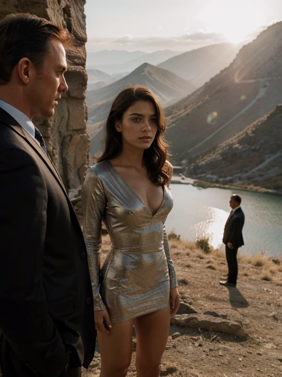 original photo,depth of field,dramatic,Inspired by the 007 movie,(Real movie stills:1.3),007 movie style,(best quality, high resolution:1.2), perfect composition,Super detailed details, (actual、lifelike、Realism:1.3), at sunset,spectacular cloud formations,top of mountain,Full body female love,Tall man,sexy woman,((1 woman and 2 men together)), The woman's hair is very messy,Woman wearing intricate evening dress,hollow,pattern,badge,Threatening atmosphere,007 atmosphere, Threatening atmosphere,Agent atmosphere,Blood on the face, close up, Perfect body,性感的long legs,long legs,Highly detailed facial details, real background,background是top of mountain的沙漠,Stills from the real 007 movie,Movie plot,(sharp focus:1.2), Very detailed, (lifelike:1.4), (The original image, 8K high resolution:1.2), RAW candid movies, 16 mm, Color graded Portra 400 film, Surreal, subsurface scattering, Ray tracing, (Volumetric lighting),((Behind the woman stood two men in suits))