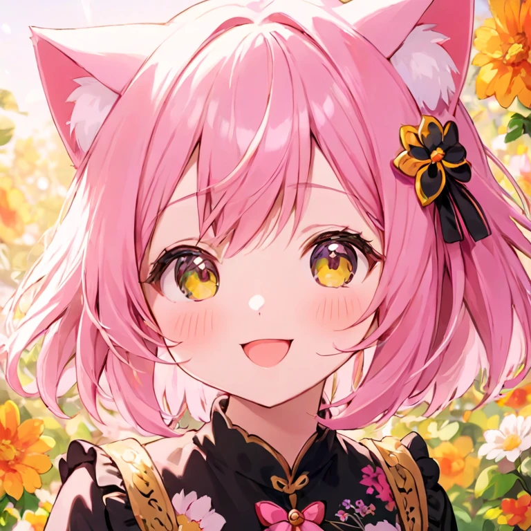 best quality, top quality, ultra detailed, highres, high-resolution, HDR, 4k, 8k, unity 8k wallpaper, extremely detailed CG, masterpiece, realistic, photorealistic, 2D, 3D, beautiful detailed, depth, fine-textured, super fine : 1.3, perfectly focused, crisp.skin:1.5, **Cute anime catgirl with pink and white hair, wearing an oversized black top under a floral patterned dress, cat ears on her head, large expressive eyes, smiling expression, in the style of anime, colorful background, bright daylight lighting, high resolution.