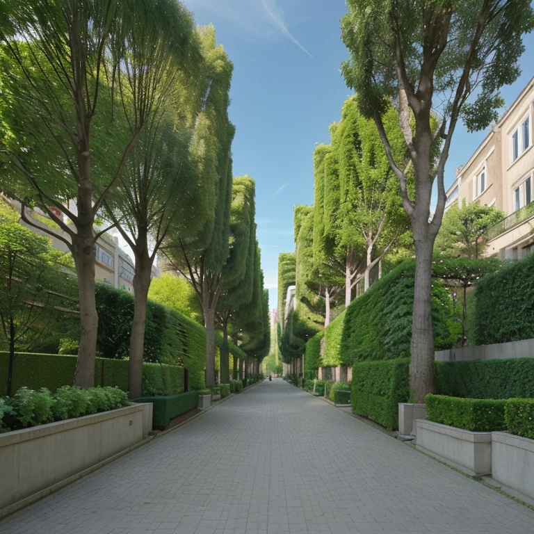 Panoramic photo of an avenue in a contemporary city with gardens along the route