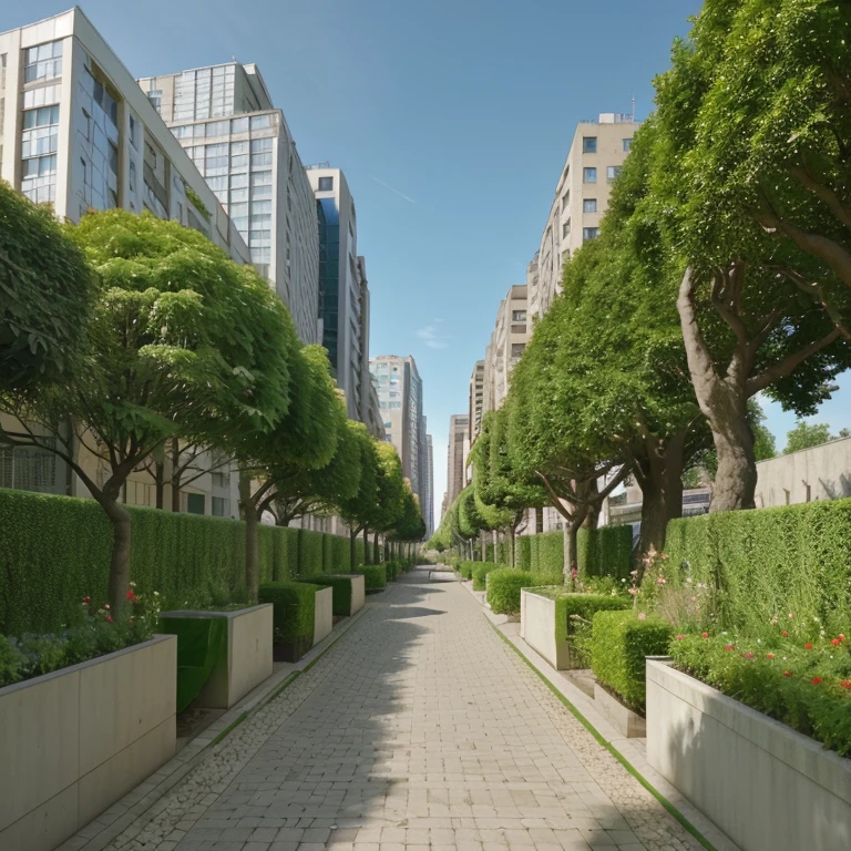 Panoramic photo of an avenue in a contemporary city with gardens along the route