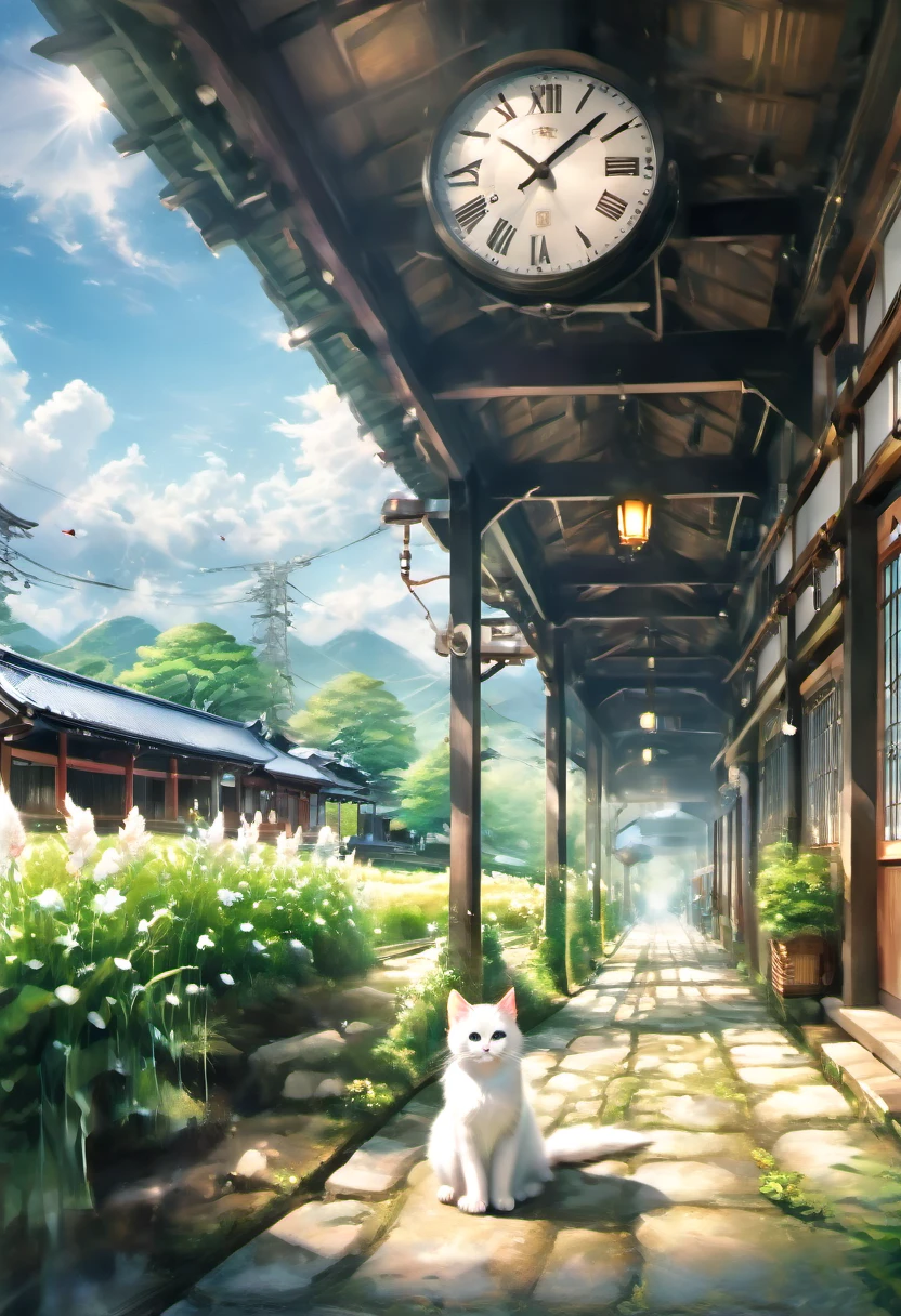 (8K、Raw photo、highest quality、look up:1.2、masterpiece:1.2、genuineistic、ultra high resolution、high contrast、photon mapping、genuine、Super detailed、official art, Raw photo、professional lighting、 light、Vivid atmosphere、twicelight) This scene is、It depicts an old wooden train station in the countryside exposed to the morning sun in spring.。The station building seems to have been forgotten, giving a sense of nostalgia.、There is silence and calm。 On the station platform、There is a girl and a white kitten。The white kitten sits under the door with the clock、Watching over the station premises。This scene is、Reminiscent of a rural Japanese town、The atmosphere is tranquil, as if it were located near a Japanese shrine.。 The girl's expression is young.々work、Delicate、I am embarking on a new journey amidst a station building and scenery that remind me of nostalgic memories.。A white kitten watches over the premises like a stationmaster.、It seems like they are celebrating the girl's departure to a new stage.。 This scene is、The beautiful scenery and tranquil atmosphere of the Japanese countryside are combined.、It will give the viewer a sense of comfort and warmth.