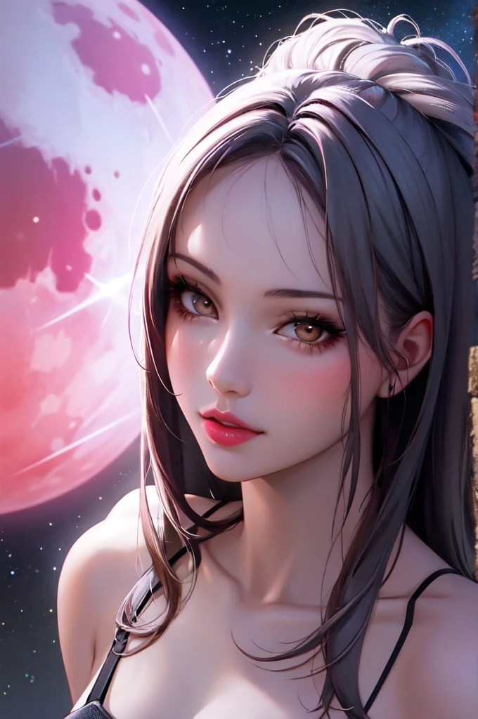 1girl, beautiful face, ((white eyes)), sexy pose, Red moon in the background, stars, space, (lightroom:1.13), soft light, (natural skin texture:1.2), (hyperrealism:1.2), sharp focus, focused,[[realistic]]