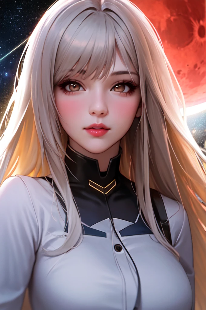 1girl, beautiful face, ((white eyes)), sexy pose, Red moon in the background, stars, space, (lightroom:1.13), soft light, (natural skin texture:1.2), (hyperrealism:1.2), sharp focus, focused,[[realistic]]