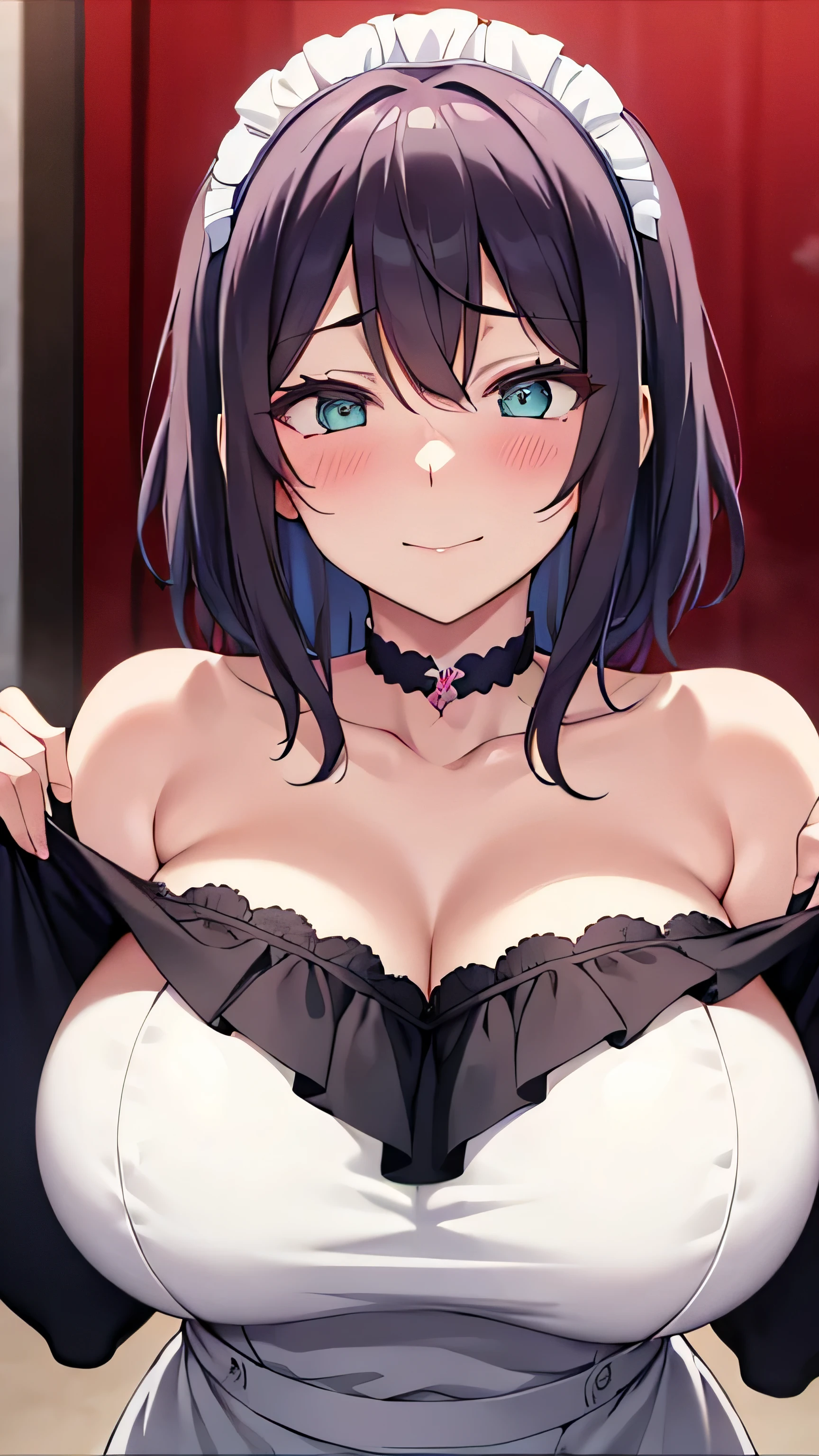 (((masterpiece))),fuyumi itadori, Anime girl characters, 1girl, solo, looking at viewer, medium hair, cleavage, closed mouth, collarbone,maid uniform, tall girl, horny, big ass, beautiful face,Charming, anime visual of a cute girl, screenshot from the anime film, & her expression is solemn, ahegao face, in the anime film, in an anime, anime visual of a young woman, she has a cute expressive face, still from anime, perfect breasts, she is tall, All bodies visible, ahegao face, the face is ahegao, she is horny, A perverted face, she so perverted, she smile so perverted, hd picture, 4k quality, details of the face is so good, bigger breasts,