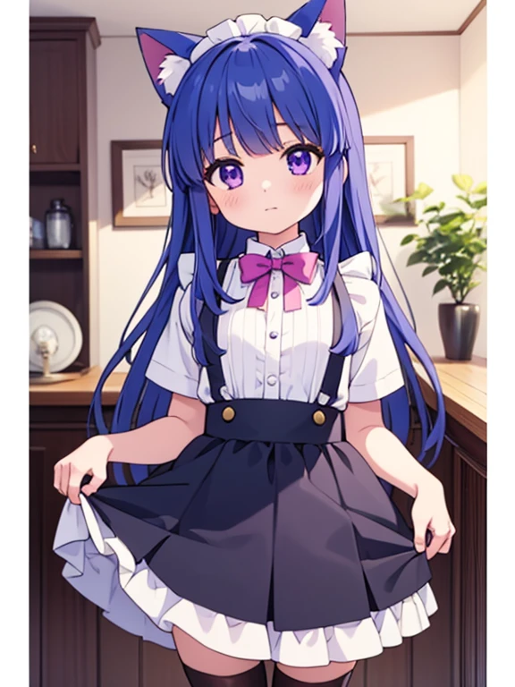 UHD, high details, (furude rika), 1 girl, long hair, blue hair, purple eyes, Maid clothes, Cat ear, anime style, (apron skirt), (midi skirt), stockings,