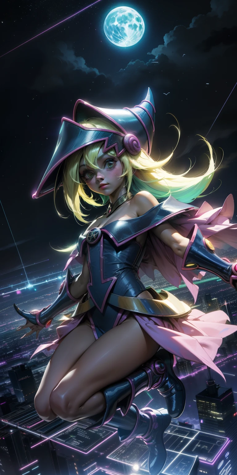 Mujer preciosa dark magician girl ( neon cyberpunk ), The neon sings, neon lighting, RTX chica maga oscura iluminando volando en el aire. Encima de la ciudad a media noches. Luna llena. Cielos de estrellas. Mago oscuro volando