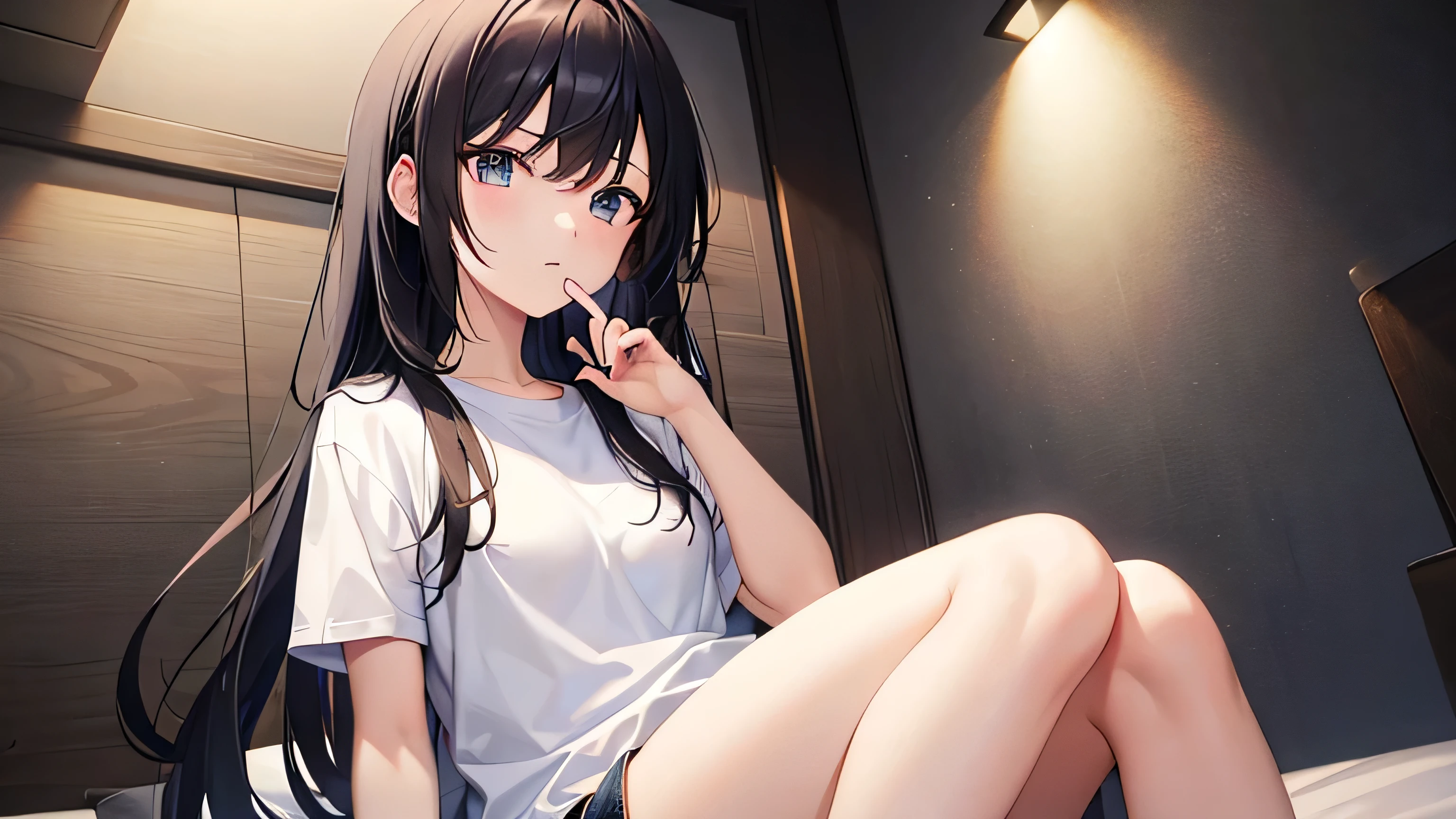 2D、girl、white t-shirt、night、short pants、long hair、black hair