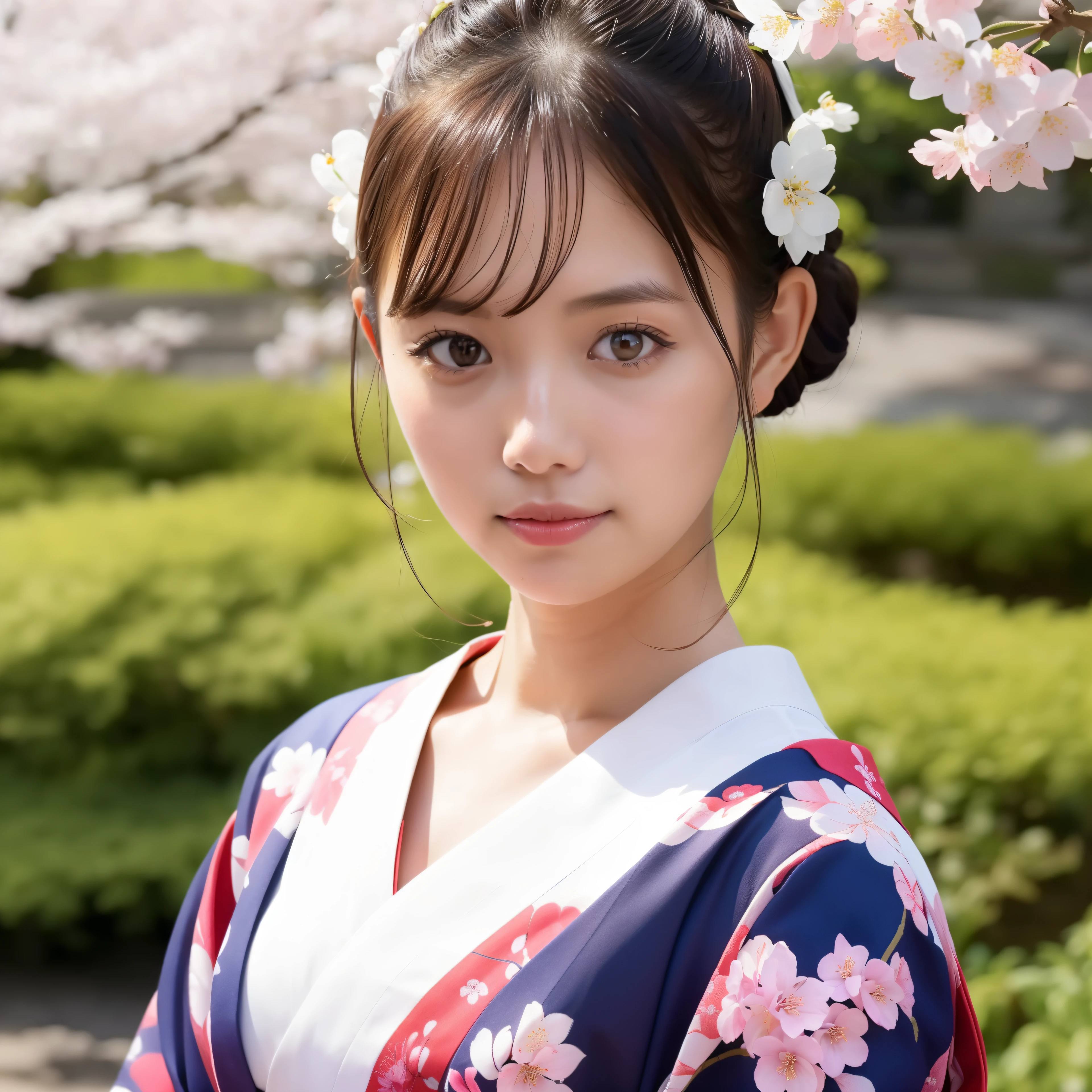 (best quality,realistic), (portrait), (Japanese,geisha), (18 years old,youthful), (beautiful detailed face,smooth skin),(perfect proportion),(neatly arranged hair),(hairpin,hair accessory), (stunning cherry blossom patterned kimono), (furisode), (gorgeous obi), (looking at the camera), (Okayama Prefecture's Koraku-en Garden's cherry blossoms), (in full bloom), (breathtaking cherry blossoms)