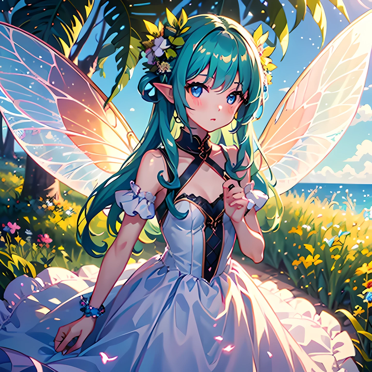 Small fairy girl standing in the palm of a human girl’s hand. Small pretty wings on fairy.